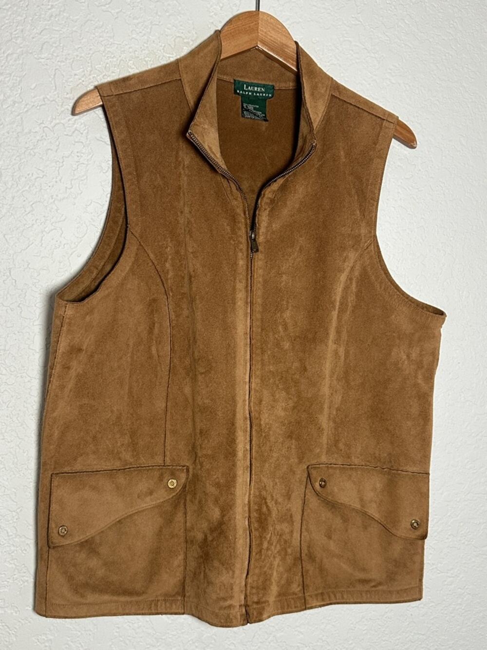 Vintage Ralph Lauren Suede Zip Vest Camel Brown Western Cowgirl Snap Pockets